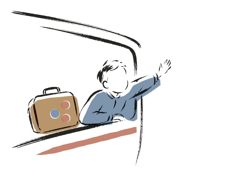 A loose brush-ink sketch of a child leaning out of a train window and waving, a small suitcase with round stickers on the seat beside them.
