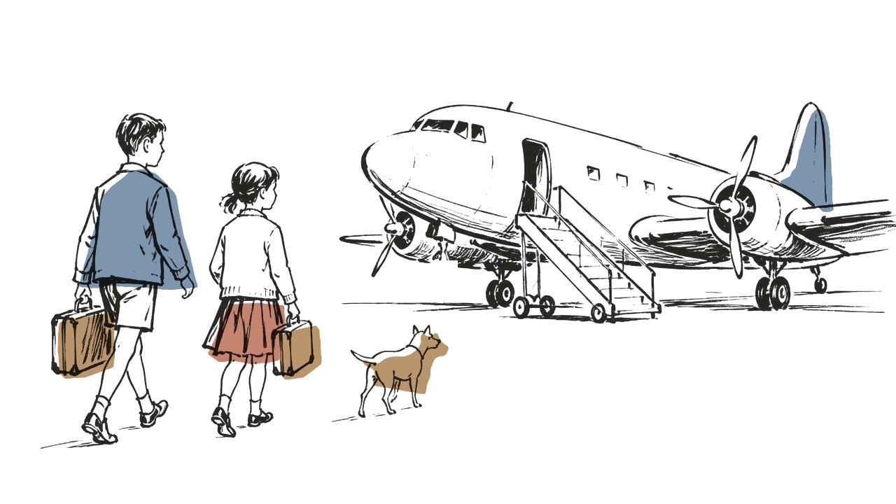 A brush-ink drawing of a boy and a girl, each carrying a small suitcase, walking with their dog toward a 1950s propeller airliner with boarding stairs at its open door.